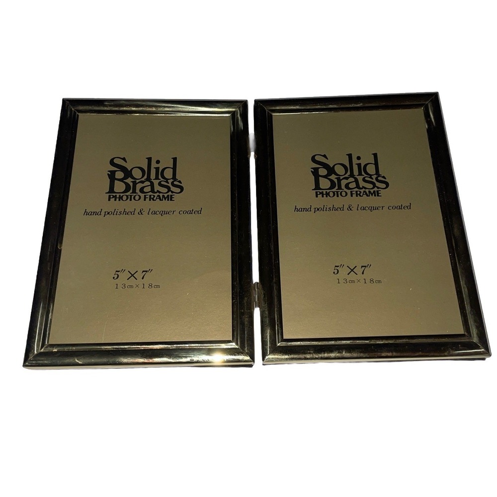 Solid brass lacquer coated double picture photo hinged frame 5 x 7" velvet back